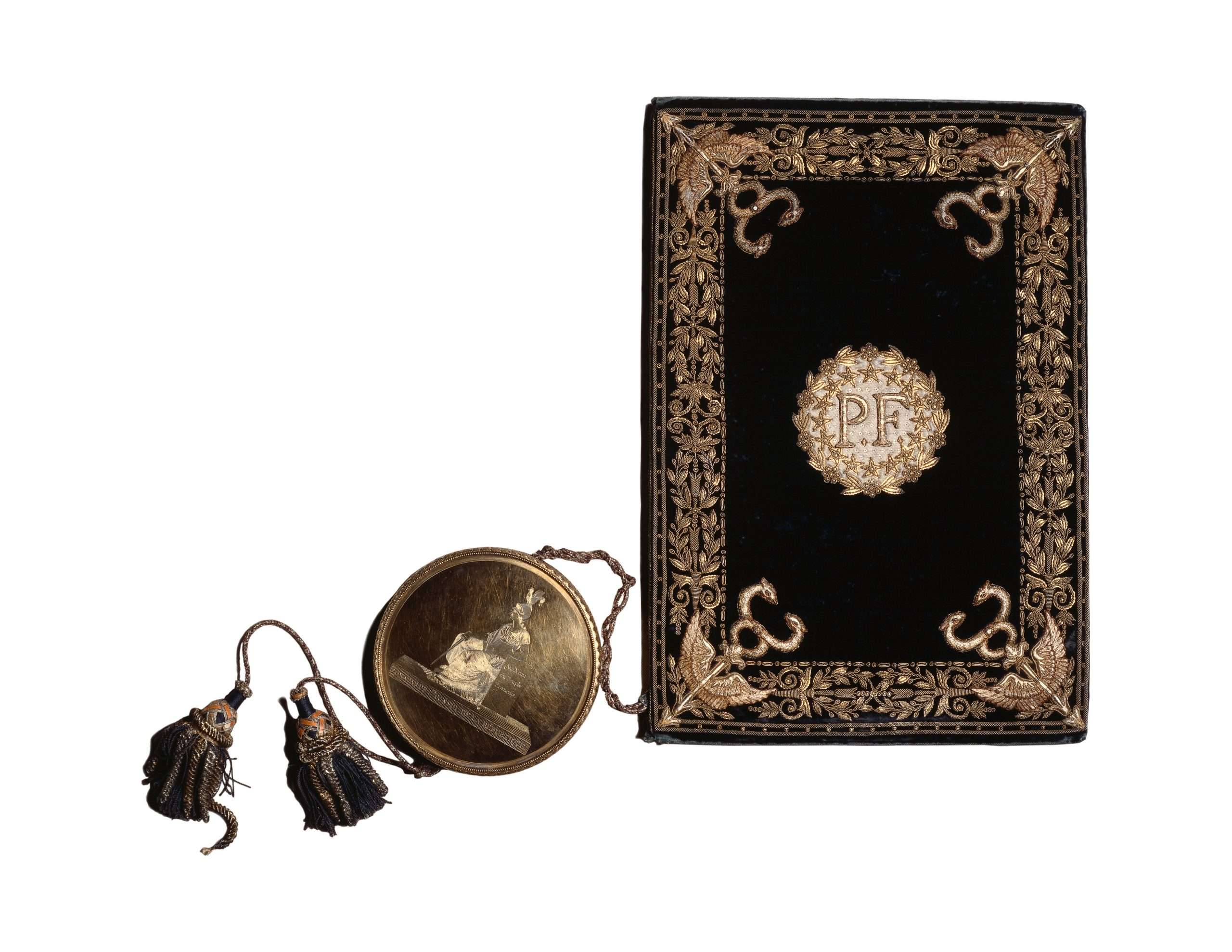 This is the official French exchange copy of the Louisiana Purchase, which is bound with a velvet cover and embroidered with the initials "P.F.," meaning Peuple Français (French People). This document, signed on April 30, 1803, finalized the massive land transaction between France and the United States. The seal of the French republic is attached to the treaty, and Napoleon Bonaparte's name and his position then as First Consul of the Republic is inscribed at the bottom the seal.