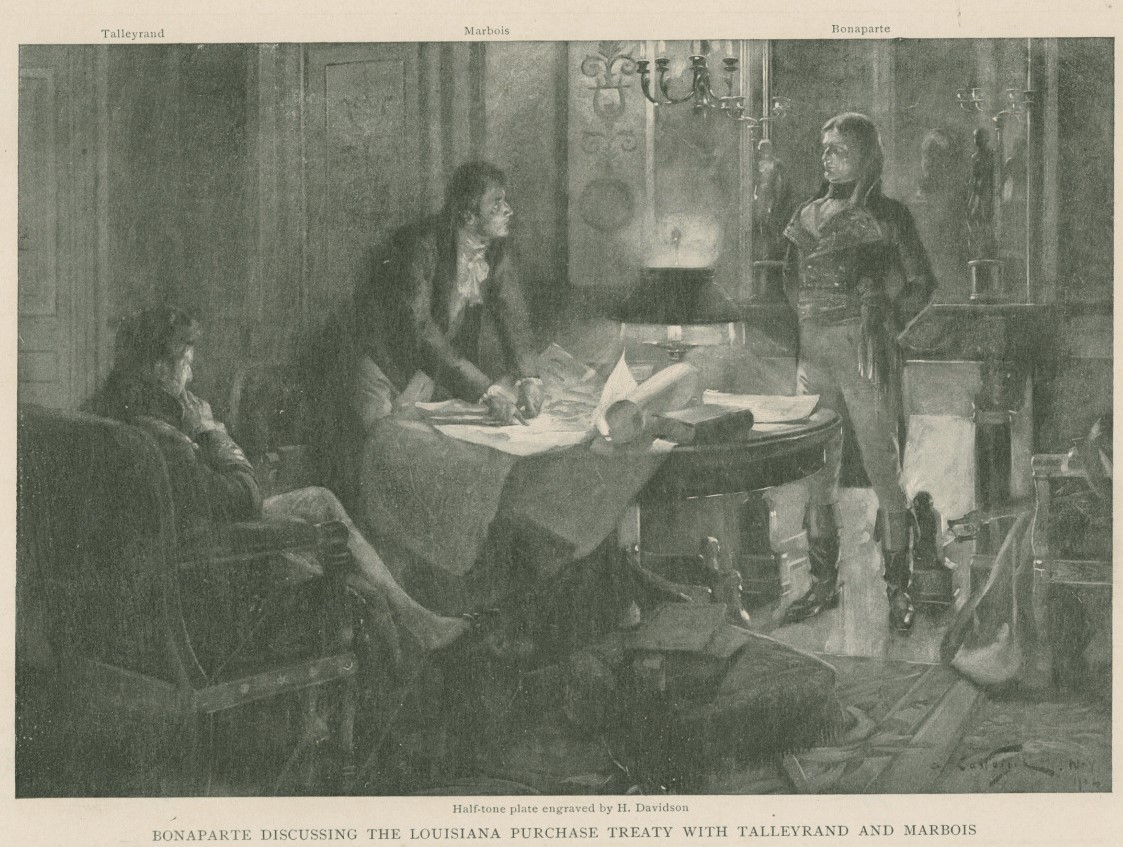 Bonaparte Discussing the Louisiana Purchase Treaty with Talleyrand and Marbois, Andre Castaigne (artist) and H. Davidson (engraver)