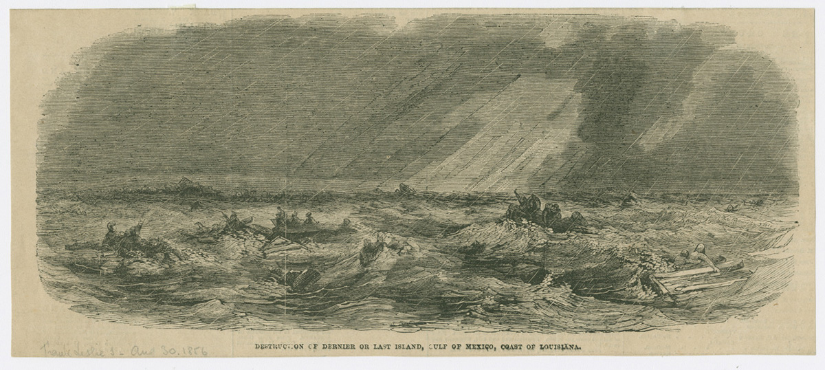 Destruction of Dernier or Last Island" as depicted in Frank Leslie’s Illustrated Newspaper, 1856.