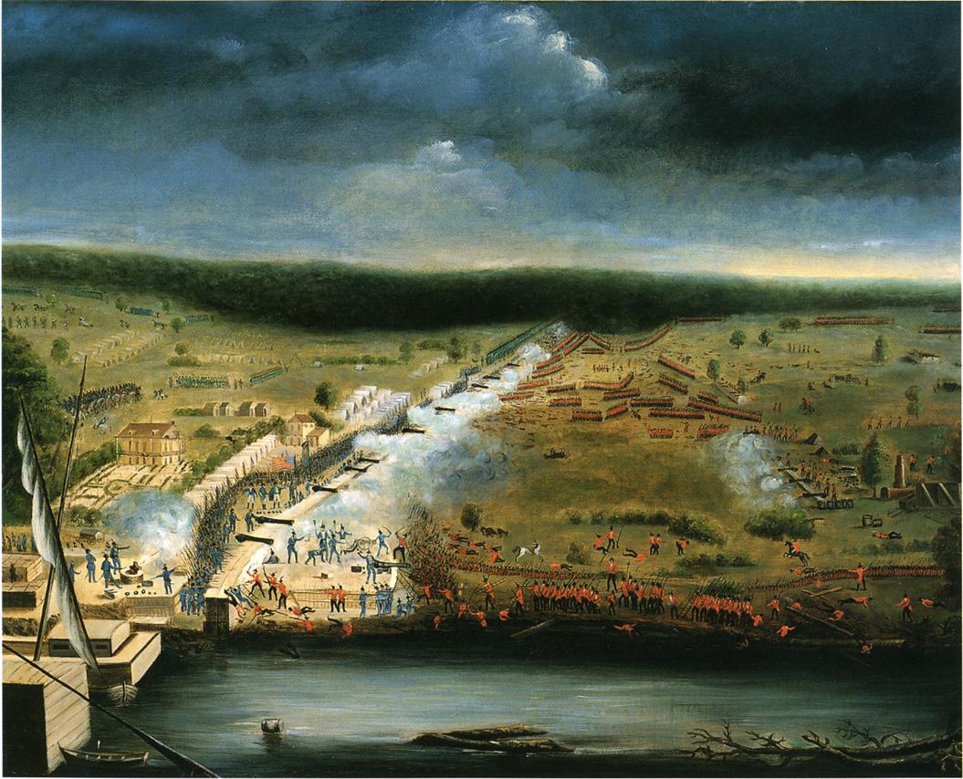 Painting by Jean Hyacinthe de Laclotte (1766 - 1829), a member of the Louisiana Militia who participated in the battle; painted by him after the victory based on his sketches made at the scene.