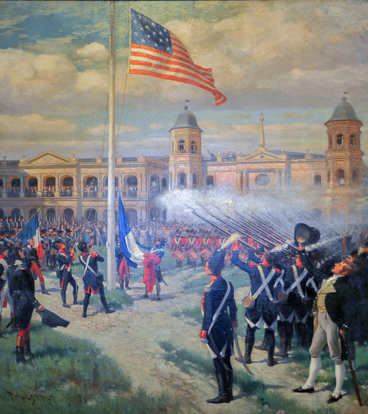 The French flag is removed and the American flag is hoisted in the Place d'Armes (now Jackson Square), New Orleans, after the Louisiana Purchase, December 20, 1803. Painting by Thure de Thulstrup commemorating the event's centennial, now in the Louisiana State Museum.