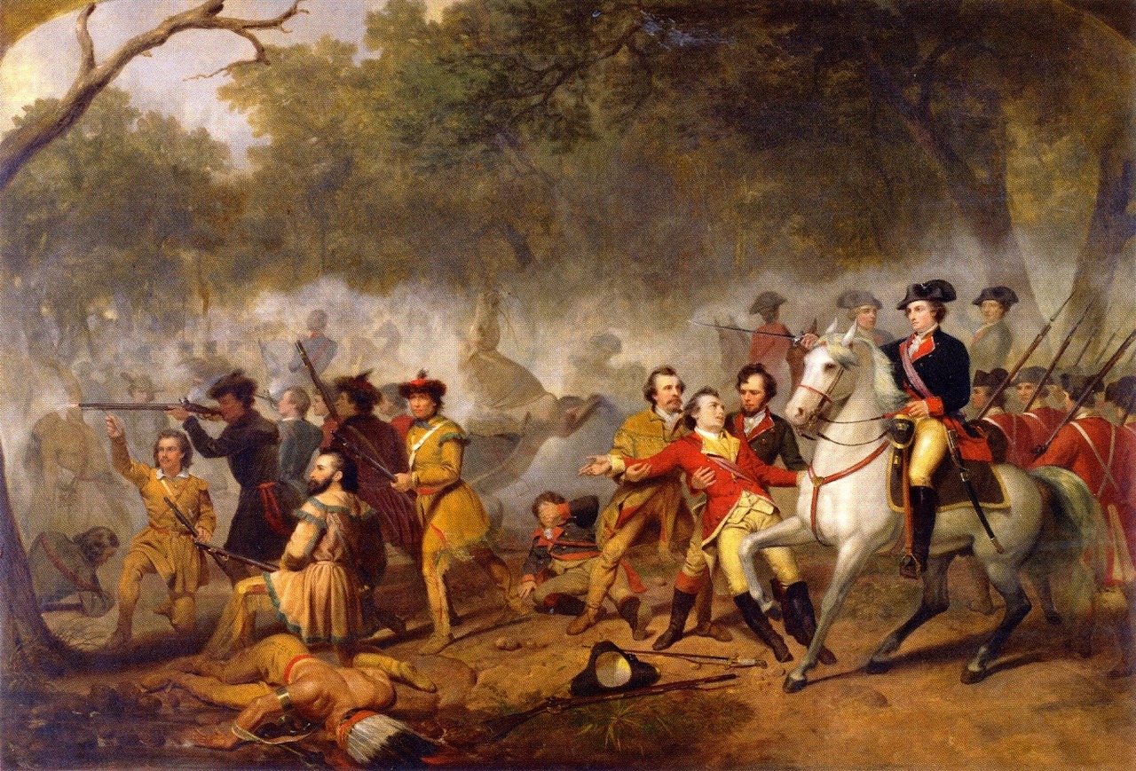 Major George Washington on a white horse at the Battle of the Monongahela in the French and Indian War